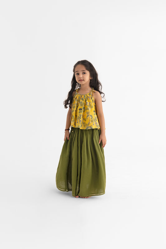 Mustard And Olive Sundearban Mustard Skirt And Top Set