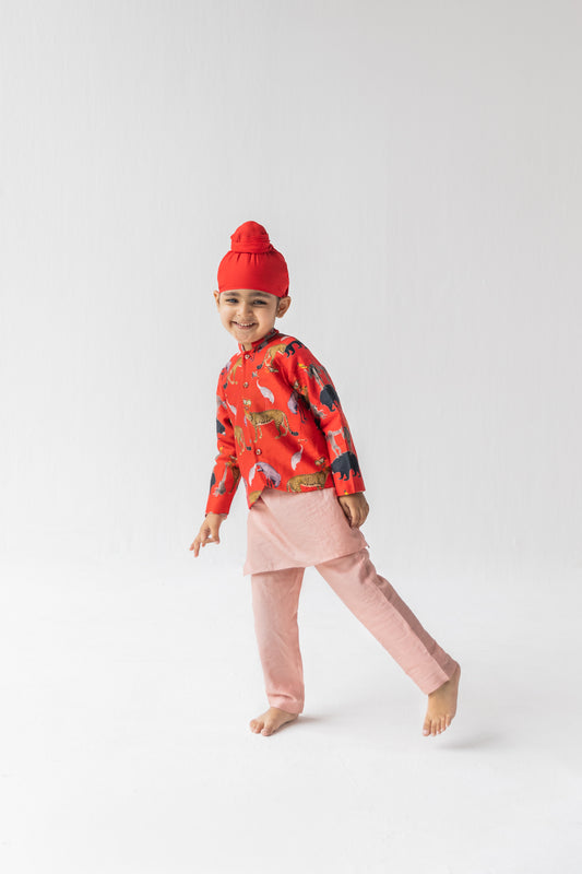 Red And Blush Chidiya Ghar Ki Sair Bandhgala, Kurta And Pyjama Set