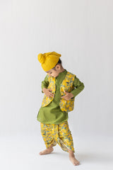 Mustard And Olive Sunderban Kurta, Dhoti And Bandi Set