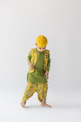 Mustard And Olive Sunderban Kurta, Dhoti And Bandi Set