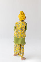Mustard And Olive Sunderban Kurta, Dhoti And Bandi Set