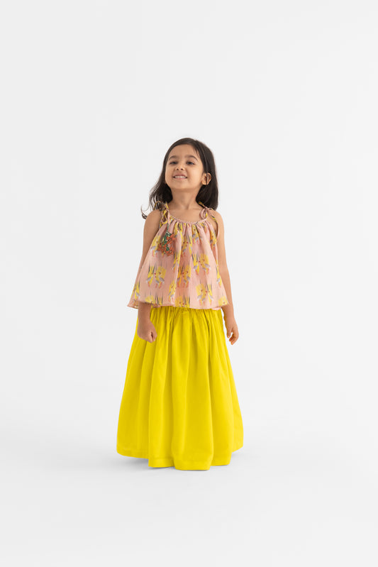 Saras ka Joda Blush tie-up top and long lime skirt
