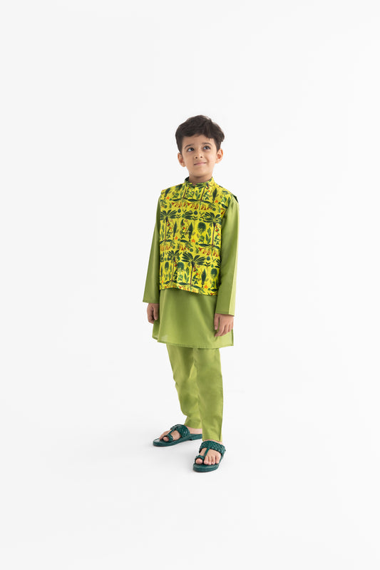 Jaadui Jungle Lime Bandi, Kurta and Pyjama