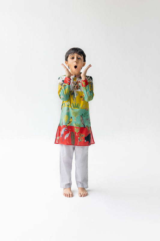 Multicolor Chidiya Ghar Ki Sair Kurta Pyjama Set