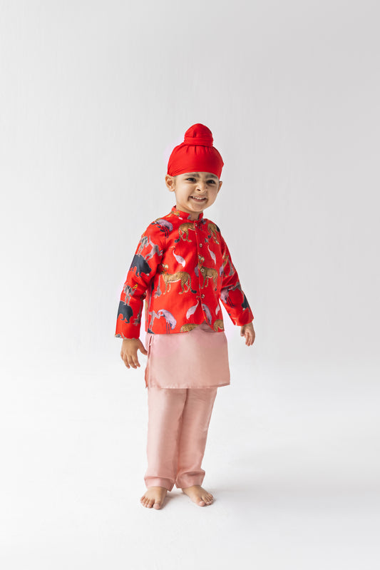 Red And Blush Chidiya Ghar Ki Sair Bandhgala, Kurta And Pyjama Set