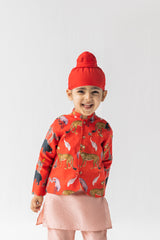 Red And Blush Chidiya Ghar Ki Sair Bandhgala, Kurta And Pyjama Set