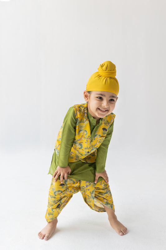 Mustard And Olive Sunderban Kurta, Dhoti And Bandi Set